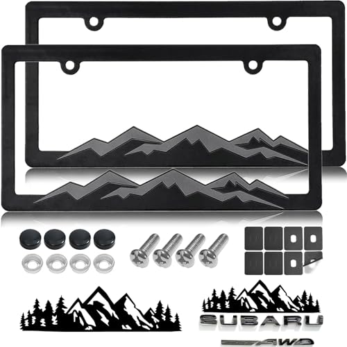 Mountain License Plate Frames - 2 Pack Plastic Car Tag Frame with 3D Mountain Design, Grey on Black, Included Mountain Vinyl Sticker, Screws & Caps - color: Grey