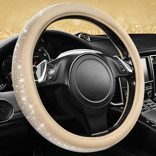 CAR PASS Bling Diamond Beige Leather Steering Wheel Cover, White Sparkly Crystal Glitter Rhinestones Universal Fit 14" 1/2-15" Car Wheel Protector for Women Girl Fit Suvs,Vans,Sedans,Trucks, Beige - color: Beige Leather