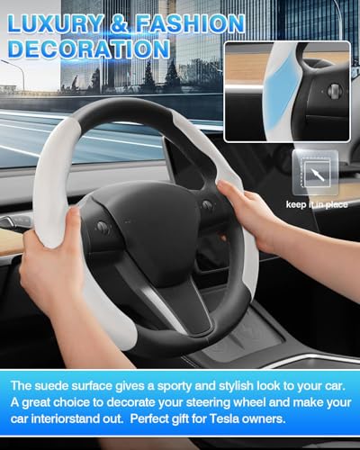 Shademax Custom-Fit for Tesla Steering Wheel Cover, Tesla Model Y / 3 2017-2025 (Fit Model Y Juniper 2026/ Model 3 Highland) Suede Steering Wheel Cover Non-Slip Tesla Model Y/3 Accessories (White) - color: White