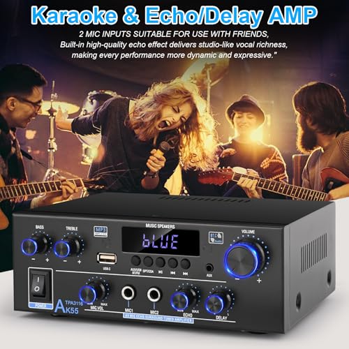 Romica AK55 Stereo Audio Amplifier, 2 Channel 500W Bluetooth 5.0 Home Audio Stereo Receivers with FM, Echo, AUX, USB, SD, MIC, Optical & Coaxial Inputs, AMP for Passive Speakers and Active subwoofer - style: 2.0 CH With Opt/Coax Input
