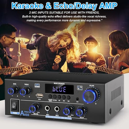 Romica AK55 Stereo Audio Amplifier, 2 Channel 500W Bluetooth 5.0 Home Audio Stereo Receivers with FM, Echo, AUX, USB, SD, MIC, Optical & Coaxial Inputs, AMP for Passive Speakers and Active subwoofer - style: 2.0 CH With Opt/Coax Input