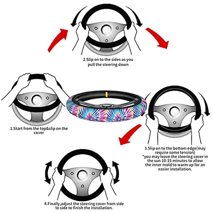 Swono Tie Dye Car Steering Wheel Cover Universal 15 Inch with Grip Contours Spiral Tie Dye Pattern Background Neoprene Auto for Men and Women Non-Slip Breathable Soft - color: multi-061