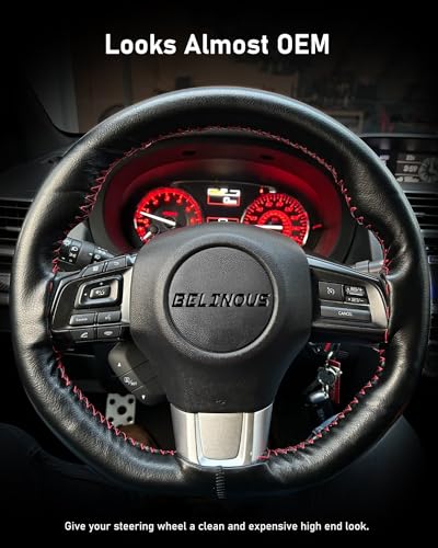 Belinous Leather Steering Wheel Cover Lace Up, Stitch on Steering Wheel Wrap, Universal Fit 13-20 Inch Car Truck Pickup Boat, A Whole Piece of Cowhide, DIY w/Needle Thread (Size L0, Black & Red) - color: Black and Red, size: L0
