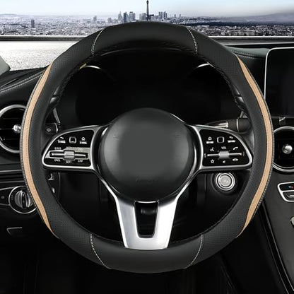 Car Steering Wheel Cover, Leather Steering Wheel Cover Beige Universal 14.5-15 Inch Microfiber Leather Anti-Slip Breathable Auto Steering Wheel Covers for Men Women (Black&Beige) - color: Beige