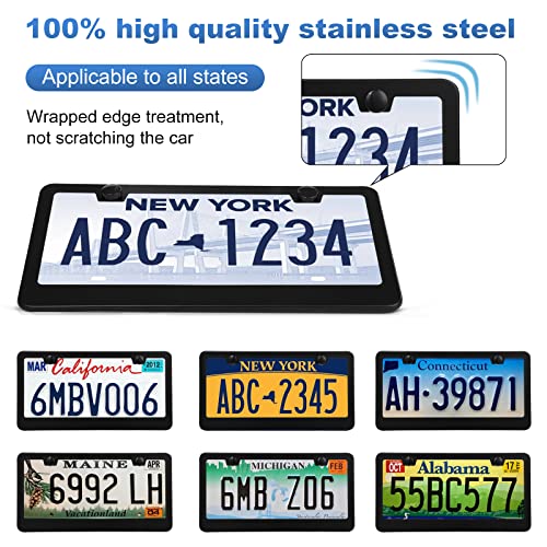 QUANQIUFEI 2 Pack License Plate Frames, Stainless Steel Car License Plate Cover Car Accessories with Screw Caps (Black) - color: Black