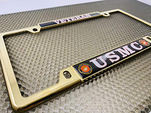 [Officially Licensed US Marine Corps Product] - USMC Veteran - Domed Custom-Made Personalized Narrow (Thin) Top 4 Hole Metal Car License Plate Frame with Free caps - Gold Frame (Qty: 1) - color: Gold - Style 1
