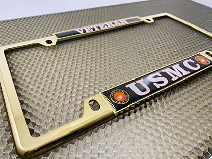 [Officially Licensed US Marine Corps Product] - USMC Veteran - Domed Custom-Made Personalized Narrow (Thin) Top 4 Hole Metal Car License Plate Frame with Free caps - Gold Frame (Qty: 1) - color: Gold - Style 1