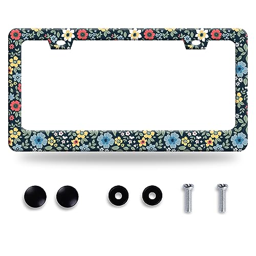 Colorful Flowers License Plate Frame Cute Floral Ditsy License Plate Stainless Steel Funny Auto Parts Beautiful License Plate Decoration with Holes Screws Size 12.3" x 6.3" - color: Cute Floral Ditsy Colorful Flowers