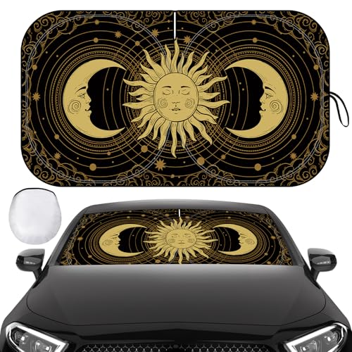Windshield Sun Shade, Car Sun Shade Windshield, Reflector Sunshade Offers Ultimate Protection for Car Interior, Reflective Polyester Blocks Heat for Cars, Trucks, SUVs (57 x 31.5 in) - color: Black - Sun Moon, 57''x31.5''