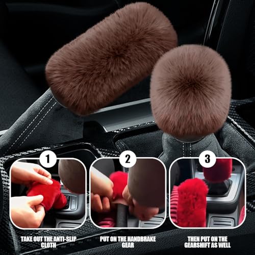 2PCS Plush Car Gear Shift Knob Cover & Handbrake Cover, Shift Knob Protector, Soft Fluffy Gear Handbrake Protective Sleeves, Shifter Lever Brake Handle Warm Plush Set for Cars (Coffee) - color: Coffee