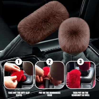 2PCS Plush Car Gear Shift Knob Cover & Handbrake Cover, Shift Knob Protector, Soft Fluffy Gear Handbrake Protective Sleeves, Shifter Lever Brake Handle Warm Plush Set for Cars (Coffee) - color: Coffee