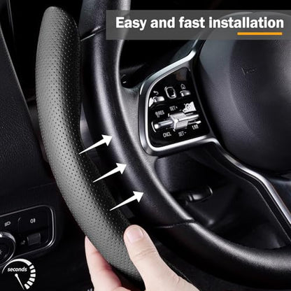 Car Steering Wheel Cover Leather Snap On 3Pcs Set Non-Slip Protector Wrap Steering Wheel Accessories 14.5-15 inch Universal Black - color: Black A