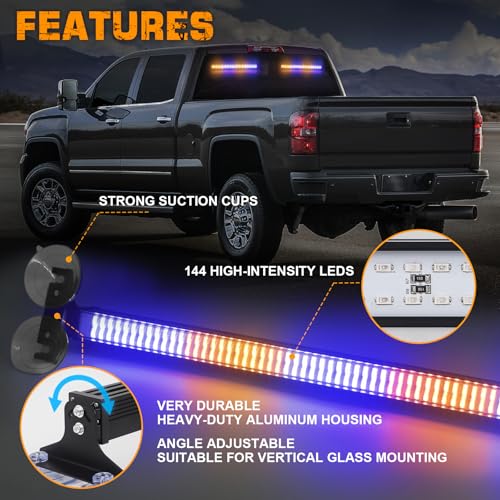 XRIDONSEN 2 in 1 Amber Blue Traffic Advisor Light Bar 144 LED Emergency Warning Safety Interior Windshield Dash Strobe Lights for Firefighter Police Construction Vehicles Trucks (2x17.7 inch) - color: Amber/Blue