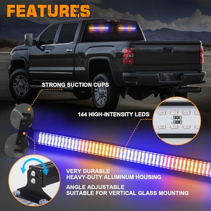 XRIDONSEN 2 in 1 Amber Blue Traffic Advisor Light Bar 144 LED Emergency Warning Safety Interior Windshield Dash Strobe Lights for Firefighter Police Construction Vehicles Trucks (2x17.7 inch) - color: Amber/Blue