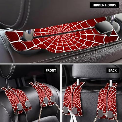 1 Pack Purse Hook for Car Red and White Spider Web Headrest Back Seat Hook Premium Leather Double Metal Hanger Storage Pack Bag Purse Holder Car Accessories - color: Red and White Spider Web