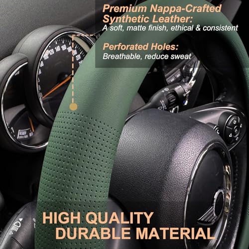 PINCTROT Nappa Leather Steering Wheel Cover, Slim Fit No Bulk Design, One Piece Leather with Breathable Perforation, Fit Like Gloves, Universal 14.5-15 Inch(Nappa Green) - color: 11.Green, size: Medium(Standard) Size[14 1/2''-15'']