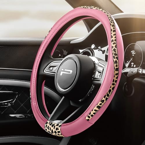 Road Comforts Steering Wheel Cover - Made with PVC Leather and Leopard Fabric - Universal 14 1/2 inches to 15 inches for Most Automotive Steering Wheel - Cheetah Print -Pink - color: Round-Pink