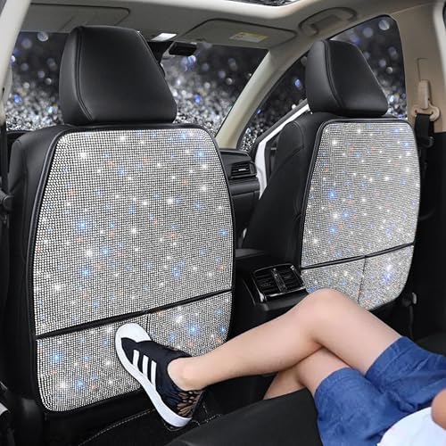 Bling Crystal Car Seat Back Kick Protectors with Storage, Sparkly Diamond Kick Mats, Universal Seat Protector for SUV and Automotive Crystal Auto Accessories for Women White 2pcs - color: White 2Pcs