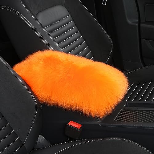 Genuine Sheepskin Center Console Cover Pad Genuine Furry Fluffy Wool Fur Car Armrest Cover Protector Universal Fit for SUV/Truck/Car - color: Long Wool-Orange