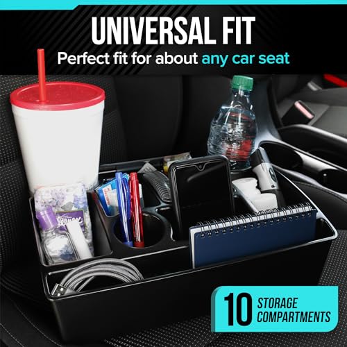 Moblorg Vehicle Seat Organizer Car Storage Caddy with Carrying Handle, 2 Large Cup Holders, 10 Compartments, Hidden Extra Storage, Fits Most Vehicles, Made in USA from Recycled Plastic