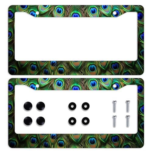Green Blue Peacock Feather License Plate Frame Beautiful Car Front License Plate Personalise Stainless Steel Metal Car Plates Funny License Plate Frames Decorative for Men Women 12.2" X 6.2" - color: Green Blue Peacock Feather_24