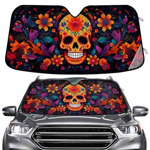 Windshield Sun Shade Abstract Sugar Skull Front Window Block UV Shades Visor Reflective Retractable for Car SUV Trucks - color: F002