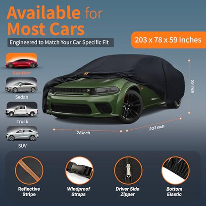 Waterproof Car Cover All-Weather, Heavy-Duty Outdoor Full Exterior Automobiles Snow Cover for Sedan/Coupe 194-203 inch with Sun Visor,Zippered & Storage Bag - Black - size: Fit Coupe Length 194-203 Inch(3xl+0)