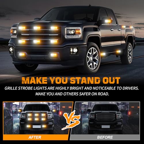 XRIDONSEN 8PCS Sync Truck Grill Lights 32 LED Strobe Lights Amber White Grille Surface Mount Emergency Flashing Warning Safety Hazard Caution Light for Tow Plow Trucks Construction Vehicles Car - color: Amber/White