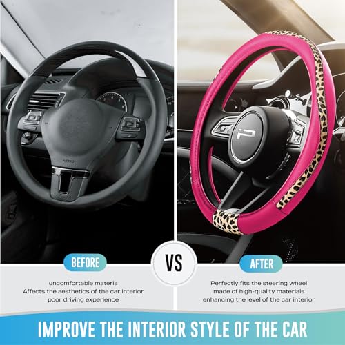 Road Comforts Steering Wheel Cover - Made with PVC Leather and Leopard Fabric - Universal 14 1/2 inches to 15 inches for Most Automotive Steering Wheel - Cheetah Print -Hot Pink - color: Round-Hotpink