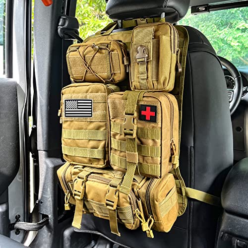 Universal Tactical Seat Back Organizer Vehicle Molle Panel Organizer Storage Bag with 5 Detachable Molle Pouch, Khaki - color: Khaki