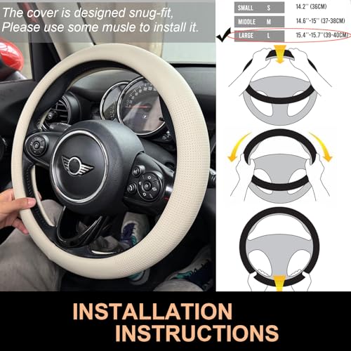 PINCTROT Large Size Nappa Leather Steering Wheel Cover, Slim Fit No Bulk Design, One Piece Leather with Breathable Perforation, Fit Like Gloves, 15.5-15.75 Inch(Nappa Beige) - color: 06.Beige, size: Large Size[15 1/2''-15 3/4'']