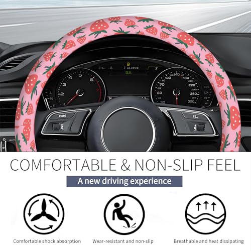Steering Wheel Covers for Car, Truck, and SUV, Cute Non-Slip Breathable Elastic Steering Wheel, Car Accessories, Universal 15 Inch Leather Cover for Men Women Pink Strawberry - color: Pink Strawberry