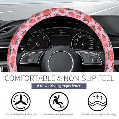 Steering Wheel Covers for Car, Truck, and SUV, Cute Non-Slip Breathable Elastic Steering Wheel, Car Accessories, Universal 15 Inch Leather Cover for Men Women Pink Strawberry - color: Pink Strawberry