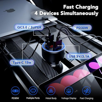 4-Port USB C Car Charger Fast Charging, Car Phone Charger Adapter with 30W PD & QC3.0 Dual USB C & USB A Port Real-Time LED Voltmeter 12V/24V Cigarette Lighter Adapter for iPhone Galaxy & Android - color: Grey