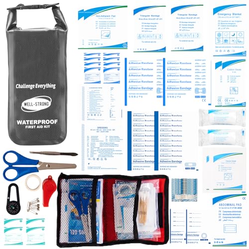 Boat First Aid Kit Waterproof, WELL-STRONG Marine Emergency Kit with Roll Top Dry Bag for Boating Fishing Kayaking – Water-Resistant Contents for Camping & Beach（Dark Grey） - color: Ws011-darkgrey