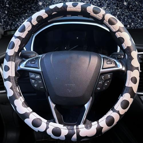 Dotesy Leather Flowers Car Steering Wheel Cover, Fashion Floral Steering Wheel Protector Universal for 36-38cm Anti Slip Auto Interior Decor Protection Accessories for Women (White Black) - color: White Black