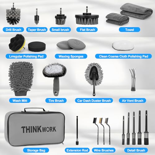 THINKWORK Car Detailing Kit, Car Detailing Brush Set, Car Cleaning Drill Brush Kit with Extension Pole, Professional Auto Detailing Supplies for Automobile Interior Exterior Wheels - size: 27PCS
