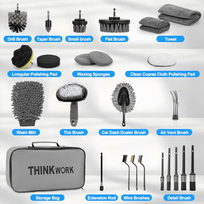 THINKWORK Car Detailing Kit, Car Detailing Brush Set, Car Cleaning Drill Brush Kit with Extension Pole, Professional Auto Detailing Supplies for Automobile Interior Exterior Wheels - size: 27PCS