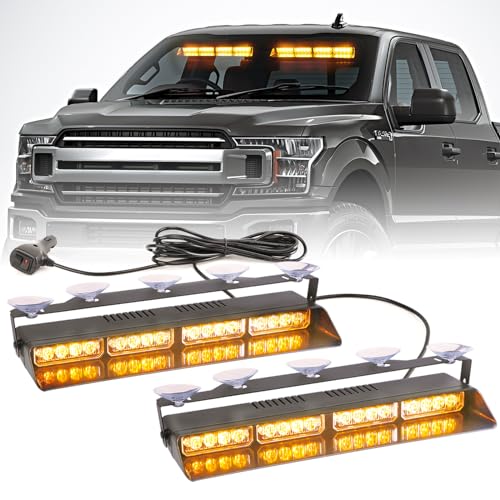 2 in 1 LED Emergency Dash Strobe Light Bar Front/Rear Windshield Safety Flashing Warning Hazard Interior Lights for Police Firefighter Construction Vehicles Trucks (2x14 inch, Amber/Amber) - color: #02 Amber/Amber