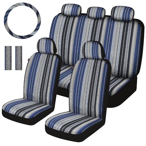 Baja Saddle Blanket Car Seat Covers Full Set with Seat Belt Pads and Steering Wheel Cover, Washable Breathable Striped Woven Cloth Seat Covers for Cars, SUV, Truck(Blue,Large) - color: Blue, size: Full Set