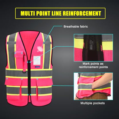 AYKRM Security Vest for Men Women 7 Pockets High Visibility Reflective Safety Vest Front Zipper Meets ANSI/ISEA - color: Pink-breast Cancer, size: Large