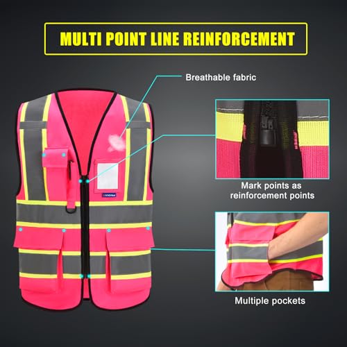 AYKRM Security Vest for Men Women 7 Pockets High Visibility Reflective Safety Vest Front Zipper Meets ANSI/ISEA - color: Pink-breast Cancer, size: X-Large