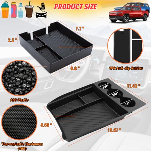 Lower Center Console Organizer Tray with Cup Holder/Armrest Organizer Storage Box Compatible with 2026 2025 2024 2023 2022 Rivian R1s R1t Interior Insert Accessories, Black - 2 Pack - style: Center Console Organizer