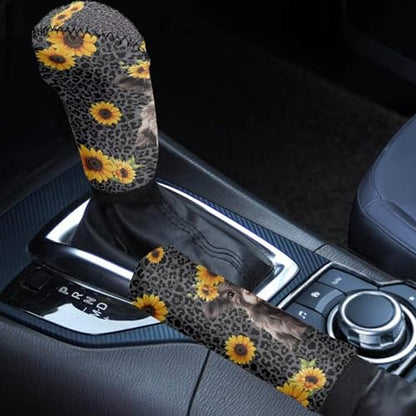 Jeiento 2 Pieces Black Leopard and Highland Cow Car Handbrake Cover Gear Shift Knob Cover Set, Automotive Shift Protector Cover Universal Fit Most Vehicle SUV Truck - color: Black Leopard and Highland Cow