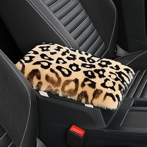 Genuine Sheepskin Center Console Cover Pad Genuine Furry Fluffy Wool Fur Car Armrest Cover Protector Universal Fit for SUV/Truck/Car - color: Shearling-Beige Leapord