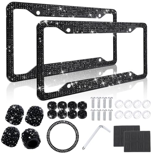 Timtin 2 Pcs Bling License Plate Frame Sparkly Rhinestone Diamond Accessories Stainless Steel Front License Plate Cover with Bling 4 Crystal Tire Valve Caps 1 Start Ring Sticker (Black) - color: Black