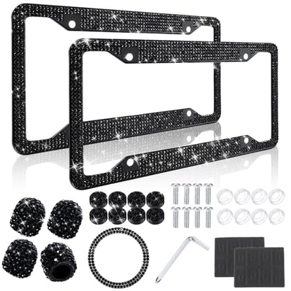 Timtin 2 Pcs Bling License Plate Frame Sparkly Rhinestone Diamond Accessories Stainless Steel Front License Plate Cover with Bling 4 Crystal Tire Valve Caps 1 Start Ring Sticker (Black) - color: Black