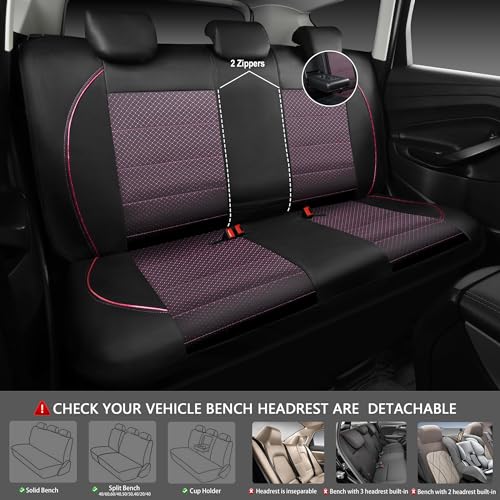CAR PASS Piping PU Leather Car Seat Cover Full Set,Inside Zipper Design and Reserved Opening Holes，Airbag Compatible,Universal FIT for Car, SUVs,Van,Trucks（Full Set, Black & Pink） - color: Black and Pink