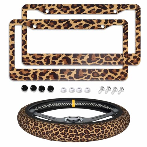 Leopard Print License Plate Frame 2pc Brown Cheetah Animal Print License Plate Frame Leopard Print Steering Wheel Cover Steering Wheel Cover Cars Aluminum with Fits Standard Us Ca Vehicles - color: Leopard Print