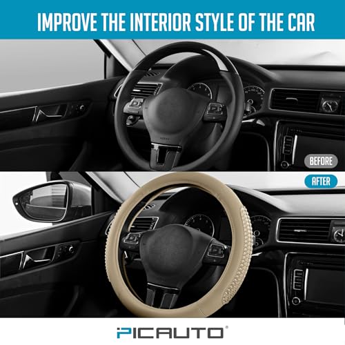 PIC AUTO Steering Wheel Cover, Glitter Gel Particles & Beige Luxury Leather Car Steering Cover, Universal Fit 14.5"-15.5" Anti-Slip Car Wheels Cover for Girls & Women - color: Beige